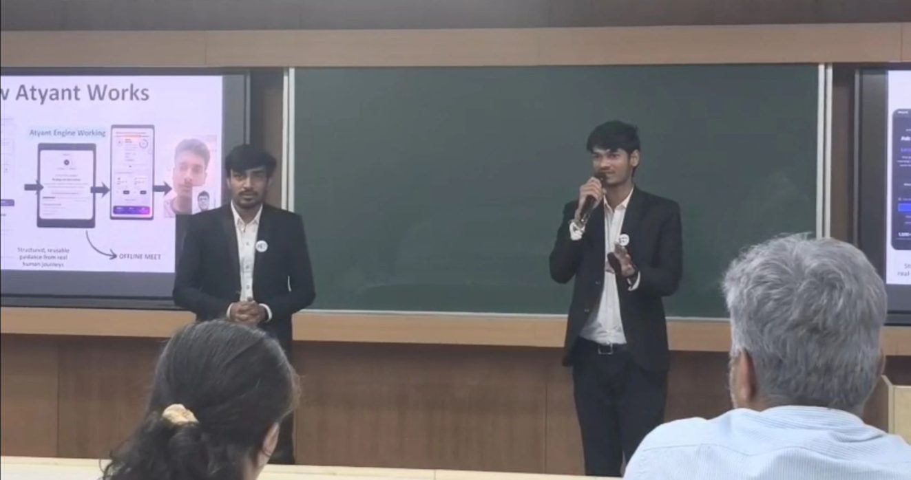 Atyant founders explaining how the Atyant career engine works to the Hult Prize panel at IIT Bombay